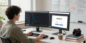 Kobold AI developer working on innovative chatbot programming at a modern tech workspace.