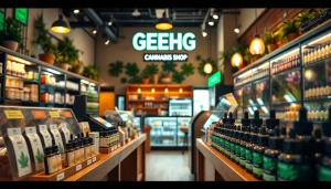 Showcase of GEEK THC products in a modern cannabis shop with decorative displays.