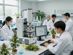 EU cannabinoid manufacturer team collaborating on advanced cannabinoid extraction in modern lab.