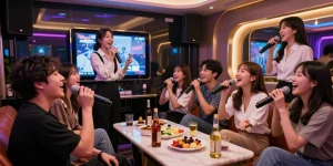 Experience the energy of 강남 가라오케 with friends enjoying a lively karaoke night, illuminated by vibrant lights and premium drinks.