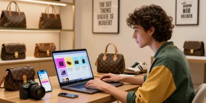 Elegant online shopping experience with luxury 레플리카 products displayed on stylish workspace.