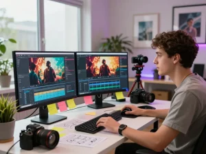Content creator using Seedance 2.0 to craft AI-generated videos in a modern studio.