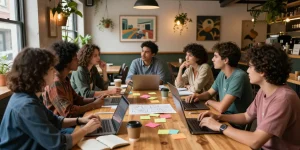Dynamic discussion at community forum meeting featuring engaged participants sharing ideas at https://forumup.org/shop/search.php?ca_id=&addr1=&addr2=&addr3=&schKeyword= in a cozy café.