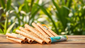 Pre-rolls arranged beautifully on a wooden surface, showcasing vibrant packaging.