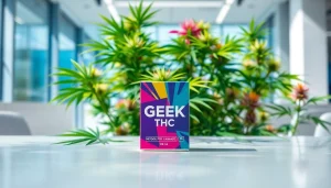 Showcase GEEK THC product with vibrant cannabis flowers in a modern setting.