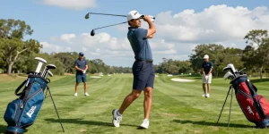 Stylish golfer swinging on the course, showcasing 골프웨어 레플리카 fashion and vibrant outdoor atmosphere.