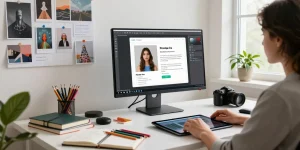Designer using an image to prompt generator in a vibrant digital workspace, showcasing creativity.