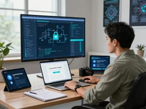 Cybersecurity expert analyzing secure browsing protocols at https://shs-dome5.com/ with modern tech tools and vibrant office setting.