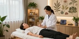 Acupuncture session at 영통한의원, showcasing a tranquil healing environment with herbal remedies and patient care.