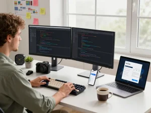 Developer using OpenClaw AI assistant in a modern workspace, dual monitors displaying code and settings.