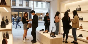 Stylish friends exploring a 레플리카 사이트 shopping environment with high-quality replica handbags and shoes.