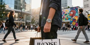 Fashionable person showcasing a luxury rolex replica watch in a vibrant urban setting.