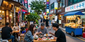Diners enjoying Korean cuisine at 상봉동 한국관, with vibrant street scene and neon lights.