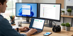 Person using Telegram中文版 on dual monitors in a modern tech workspace.
