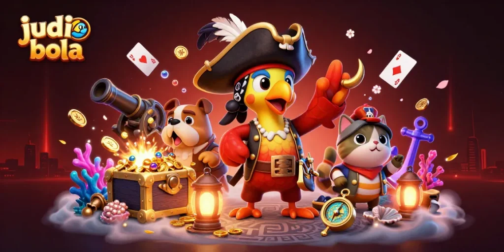 Experience judi bola with lively illustrations featuring dynamic pirate characters in a rich gambling scene.