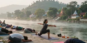 Yoga teacher training in Rishikesh with serene instructor and students by Ganges River.