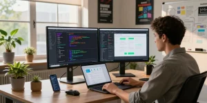 Developer using 纸飞机中文版 on dual monitors in a modern tech workspace, showcasing coding and design.