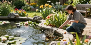 Professional Pond Cleaning Kent: Homeowner cleaning koi pond surrounded by lush garden.