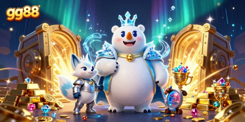 Experience the thrill of gaming with gg88, where the ice king polar bear and snow fox greet treasure in a dazzling casino scene.