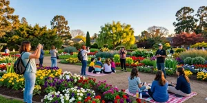 Tourists enjoying the Capay Valley Garden Tour at https://www.thecapayvalleygardentour.com, capturing vibrant flowers and scenic views.