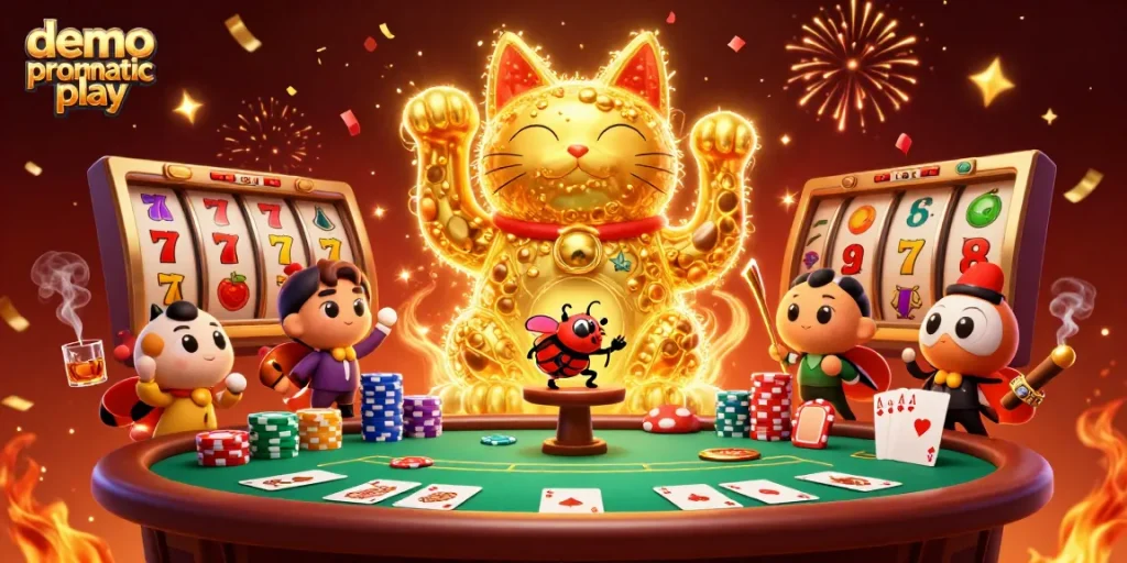 Play demo pragmatic play with vibrant golden lucky cats and dynamic casino elements.