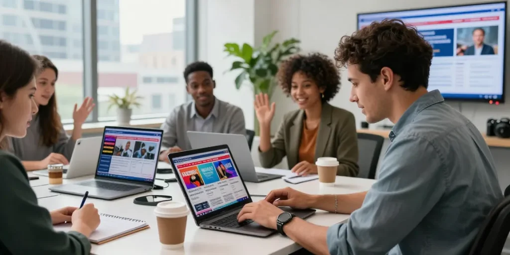 Dynamic newsroom at https://www.theindaily.com with journalists discussing breaking news and working on laptops.