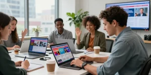 Dynamic newsroom at https://www.theindaily.com with journalists discussing breaking news and working on laptops.