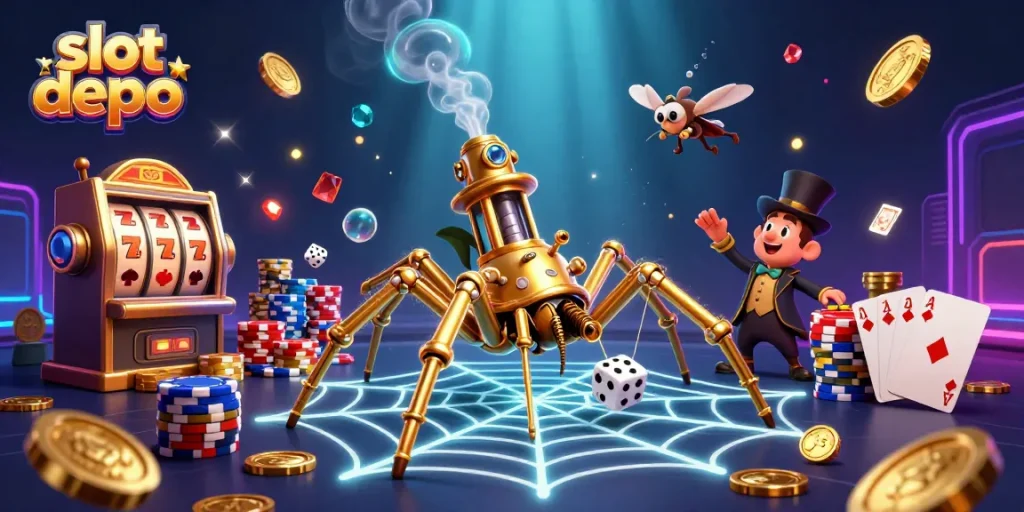 Engage in thrilling gameplay with slot depo, featuring bright slots, cascading coins, and lively characters.